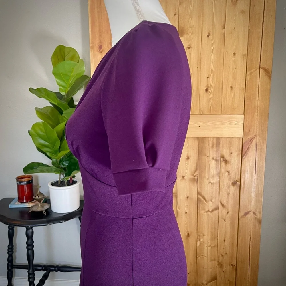 Miusol Retro 40’s Style Purple V-waist Puff Sleeve Bodycon Knee Length Dress - Picture 4 of 16